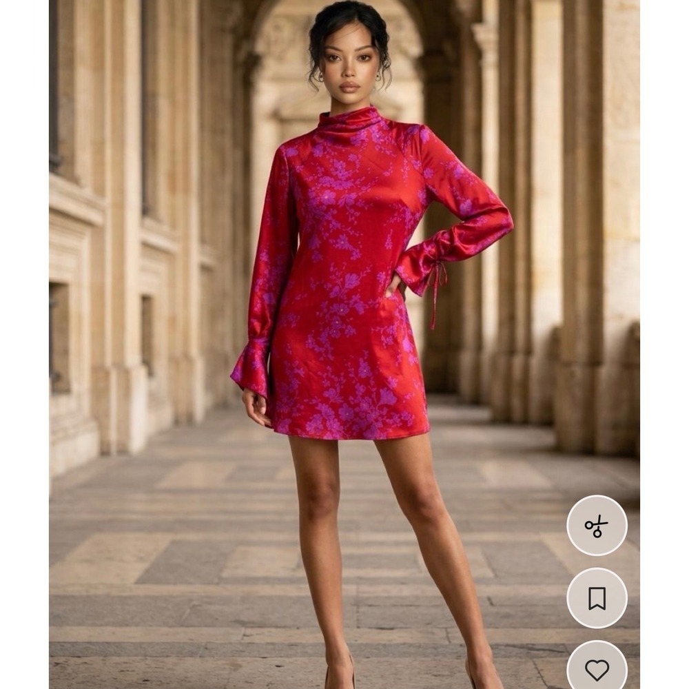 Revolve Red Purple Floral Satin High Neck Open Back Mini Dress Medium